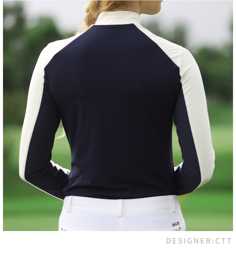 PGM 高尔夫女装2021打底衫服装女夏季衣服拼色长袖T恤立领套装