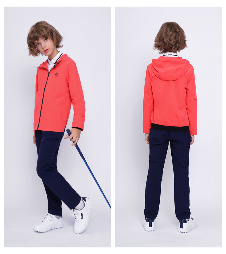 美国PGA儿童高尔夫衣服秋冬服装男童时尚风衣拉链连帽青少年外套
