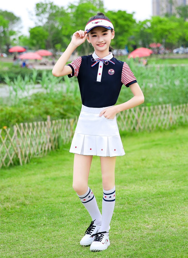 PGM儿童高尔夫女童网球服装青少年短袖T恤衣服百褶半身裙夏季套装