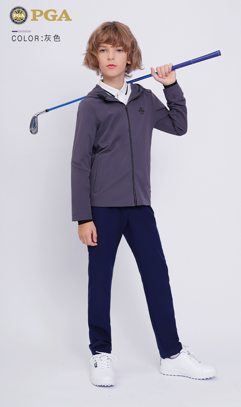 美国PGA儿童高尔夫衣服秋冬服装男童时尚风衣拉链连帽青少年外套