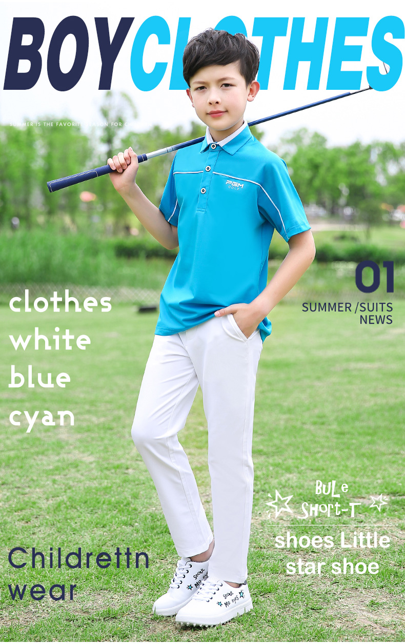 PGM 儿童高尔夫衣服套装男童服装短袖T恤+裤子青少年夏季运动球服