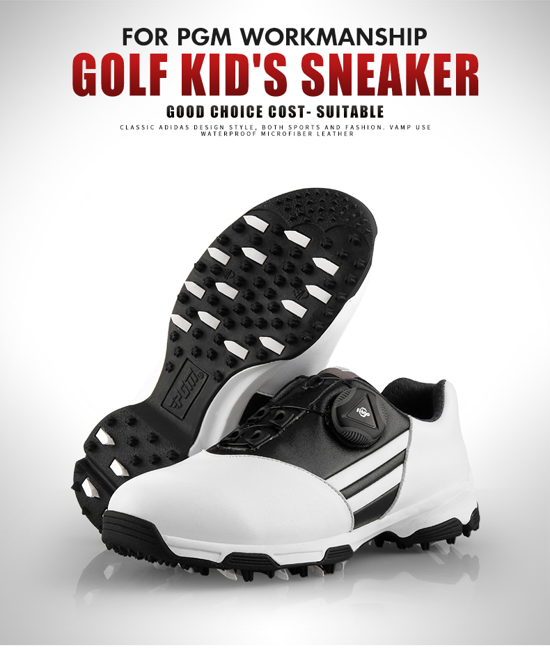 PGM新款 儿童高尔夫球鞋 男童防水鞋子青少年旋钮鞋带 防侧滑鞋钉