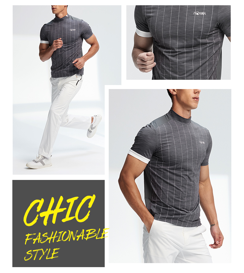 HONMA2021新款高尔夫男子短袖T恤半高领印花竖条纹清爽舒适