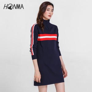 【主播推荐】HONMA新款高尔夫女子连衣裙长袖条纹撞色时尚