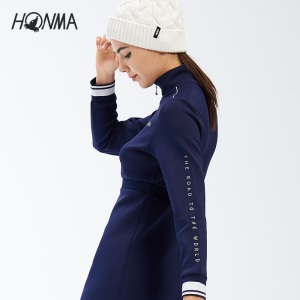 HONMA秋季新款高尔夫女子连衣裙拉链立领撞色条纹时尚收腰