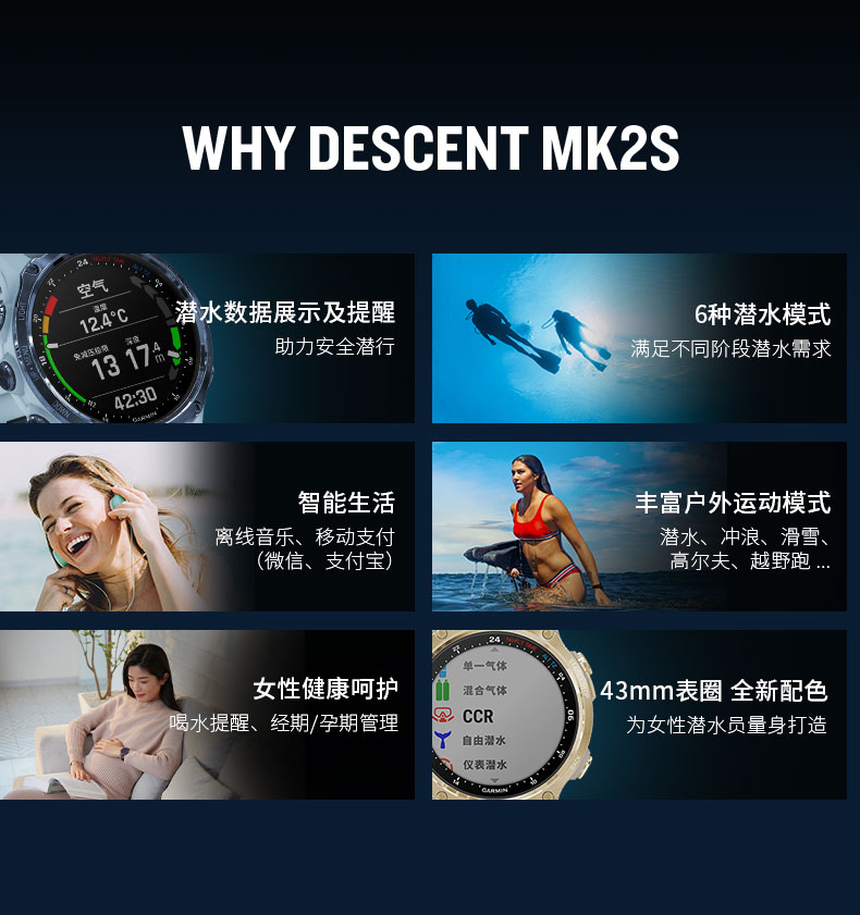 Garmin佳明Descent Mk2S潜水电脑表北斗三星定位户外智能运动手表