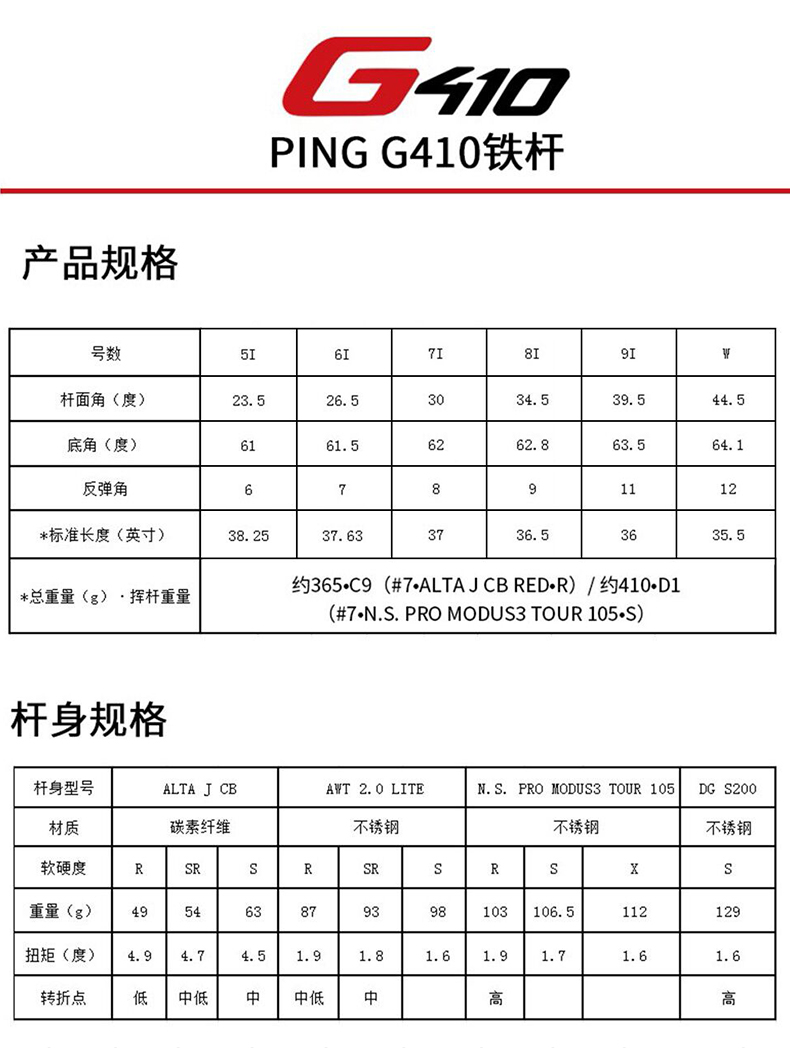 PING高尔夫球杆 男子G410高尔夫铁杆 Golf高容错远距铁杆组正品